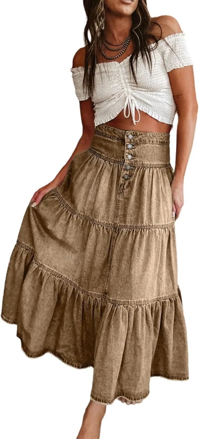 Ru Sweet Women's High Waist Long Denim Skirt Button-Fly Tiered Ruffle Swing A-Line Jean Maxi Skirt with Pockets