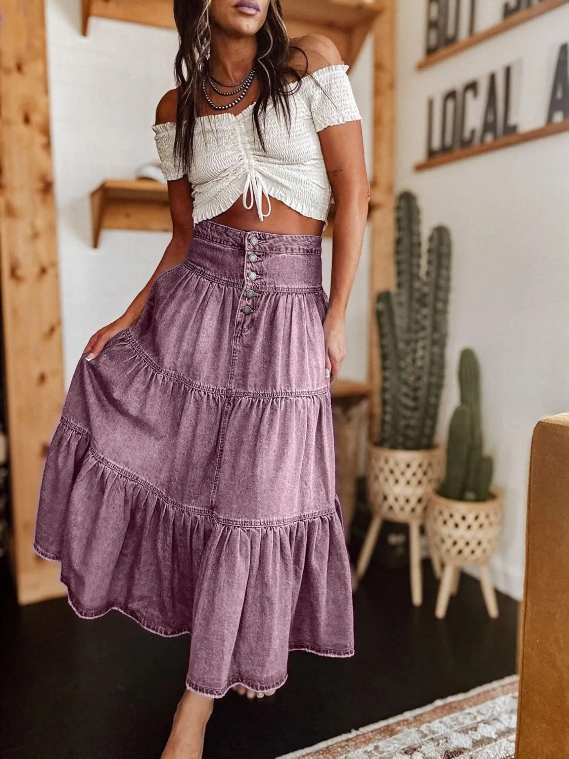 Ru Sweet Women's High Waist Long Denim Skirt Button-Fly Tiered Ruffle Swing A-Line Jean Maxi Skirt with Pockets