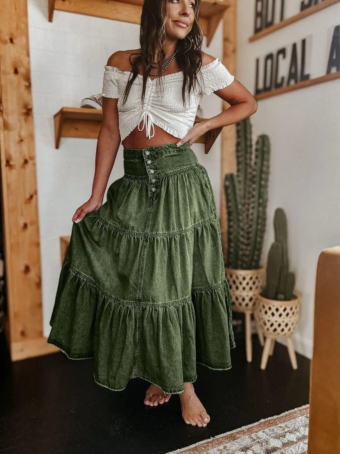 Ru Sweet Women's High Waist Long Denim Skirt Button-Fly Tiered Ruffle Swing A-Line Jean Maxi Skirt with Pockets