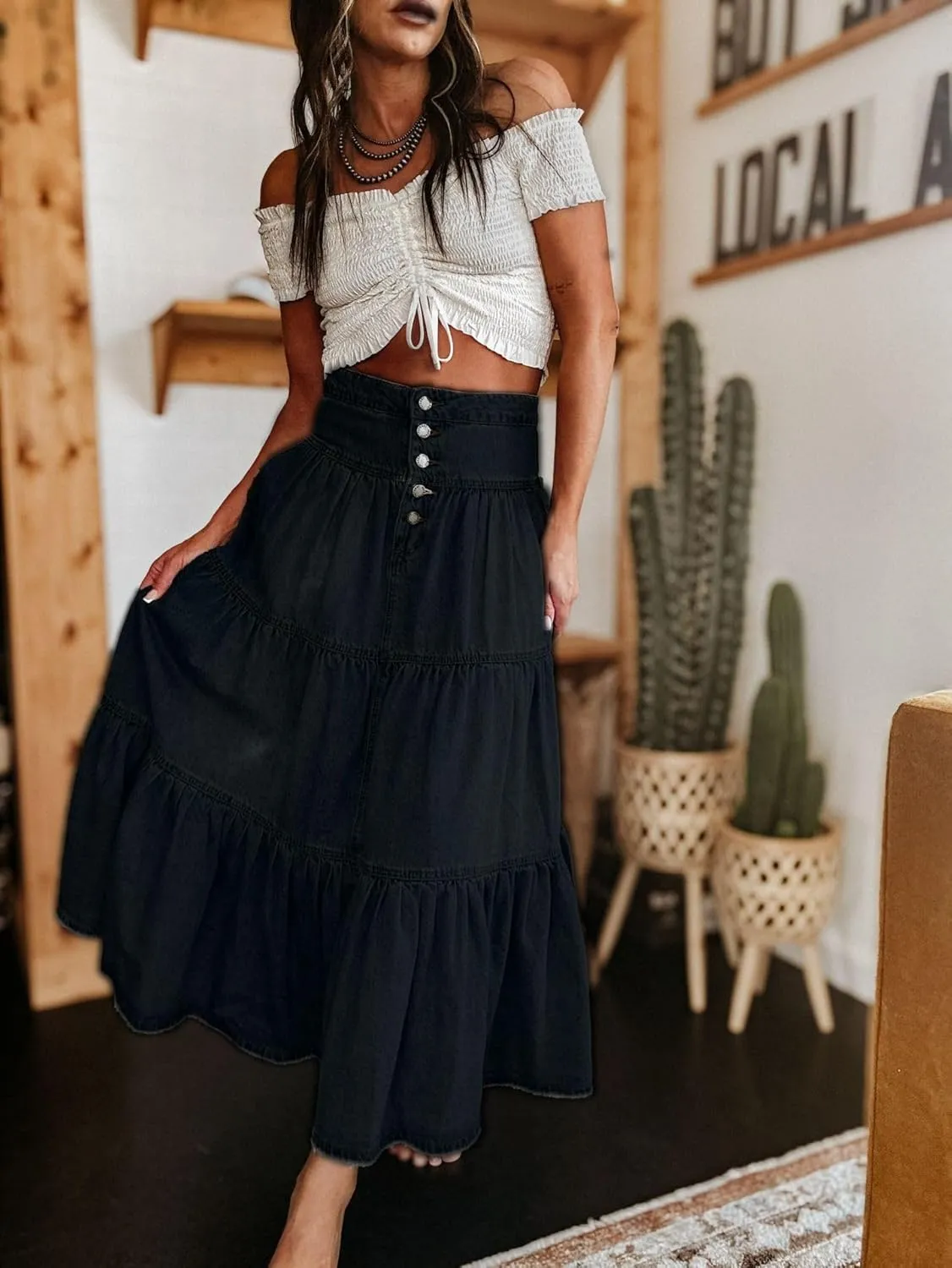 Ru Sweet Women's High Waist Long Denim Skirt Button-Fly Tiered Ruffle Swing A-Line Jean Maxi Skirt with Pockets