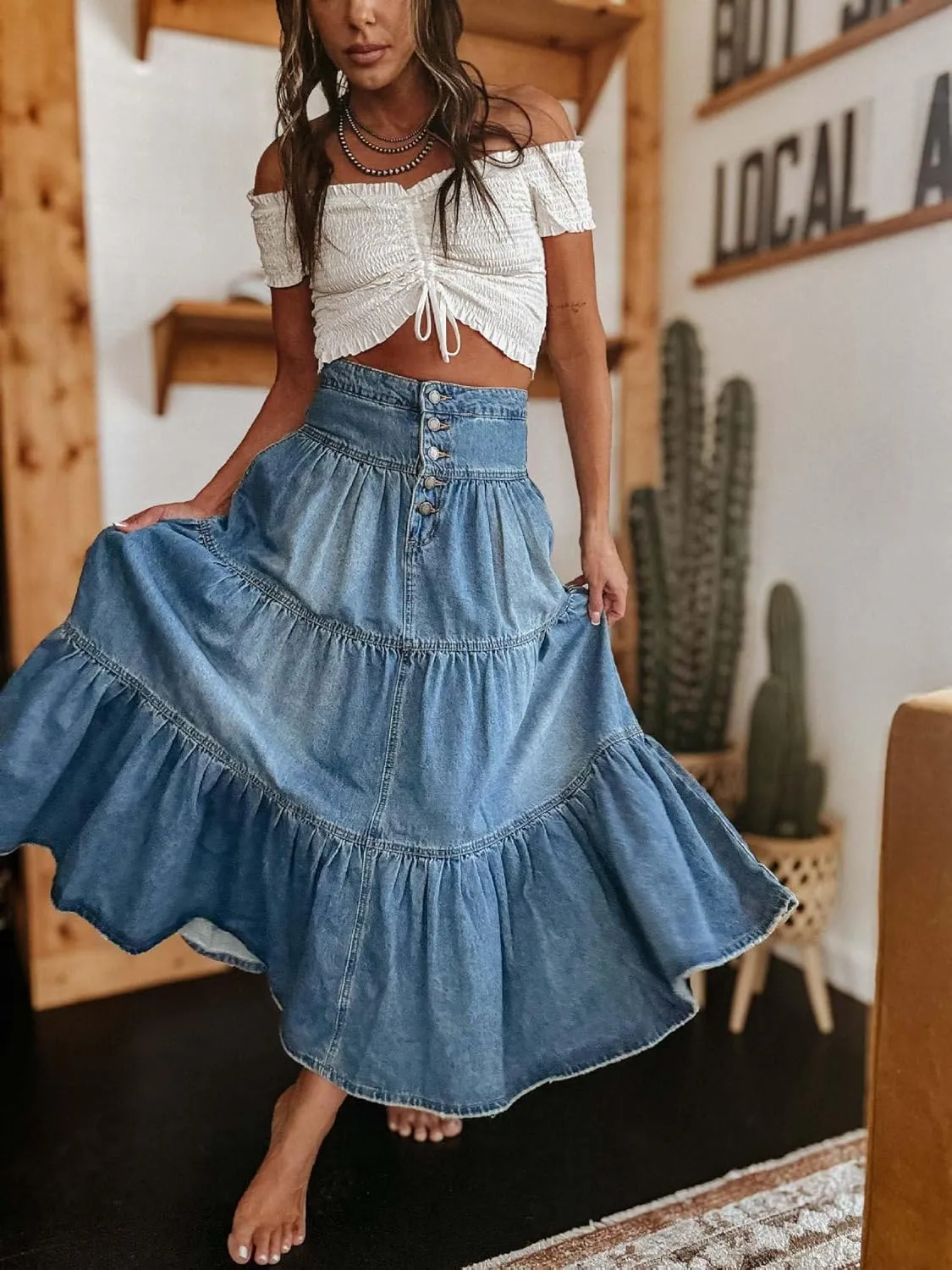 Ru Sweet Women's High Waist Long Denim Skirt Button-Fly Tiered Ruffle Swing A-Line Jean Maxi Skirt with Pockets