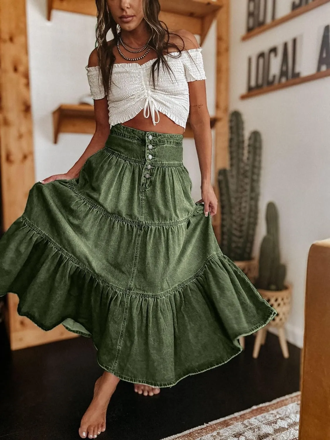 Ru Sweet Women's High Waist Long Denim Skirt Button-Fly Tiered Ruffle Swing A-Line Jean Maxi Skirt with Pockets