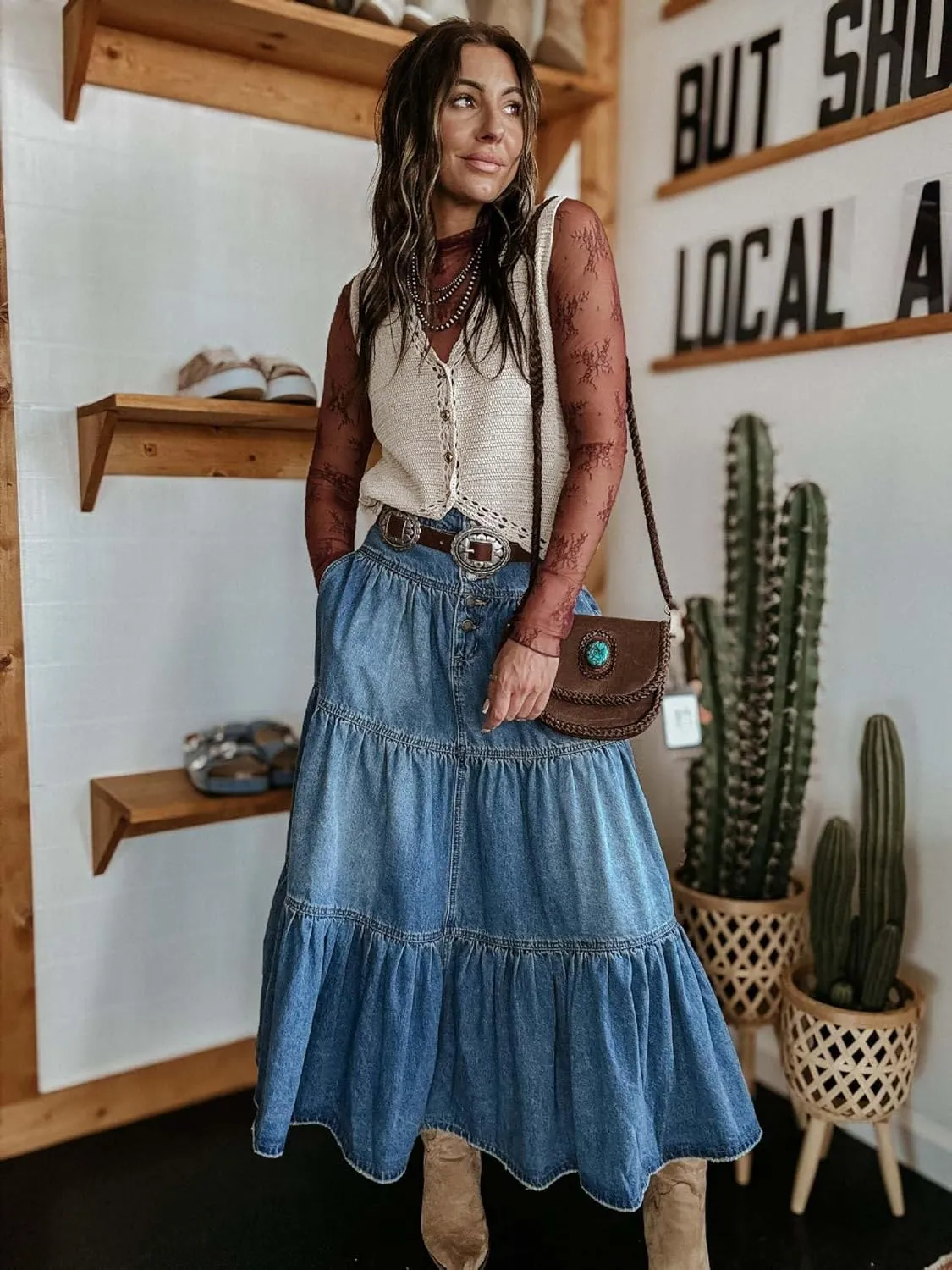 Ru Sweet Women's High Waist Long Denim Skirt Button-Fly Tiered Ruffle Swing A-Line Jean Maxi Skirt with Pockets