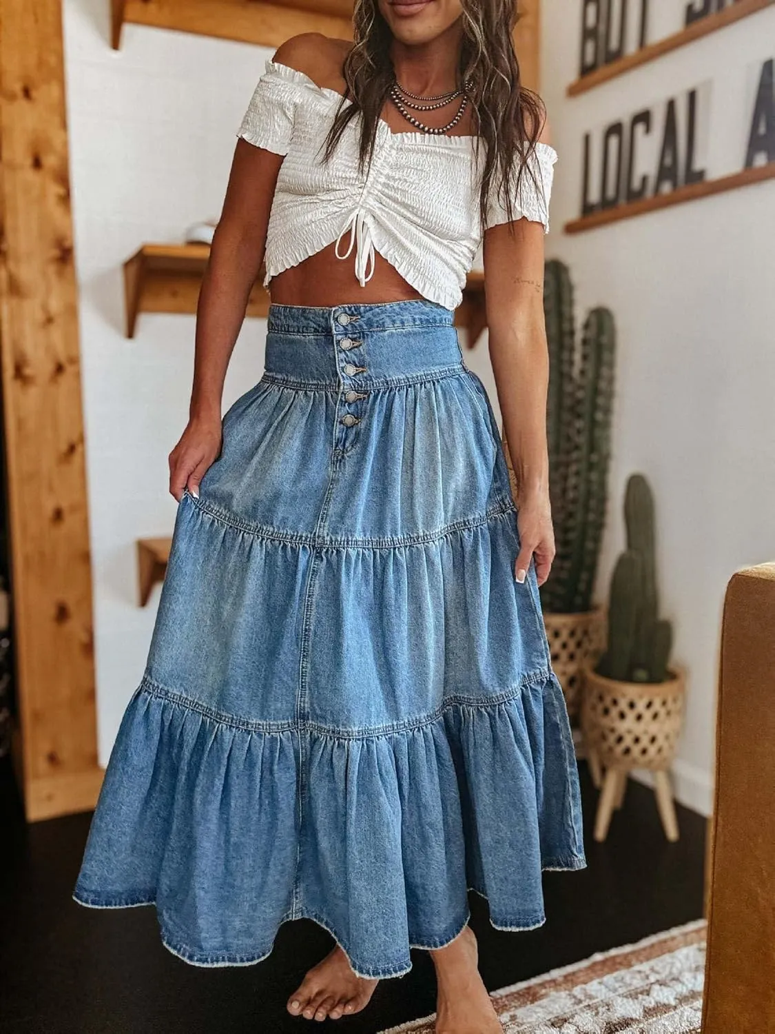 Ru Sweet Women's High Waist Long Denim Skirt Button-Fly Tiered Ruffle Swing A-Line Jean Maxi Skirt with Pockets