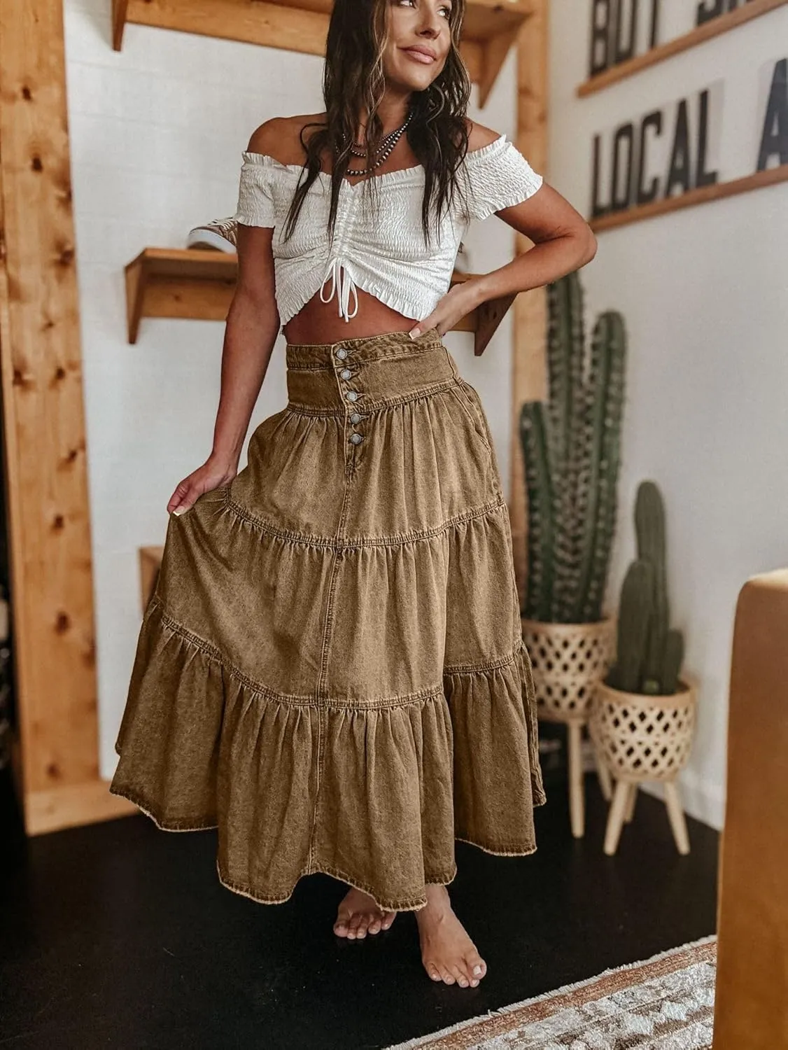 Ru Sweet Women's High Waist Long Denim Skirt Button-Fly Tiered Ruffle Swing A-Line Jean Maxi Skirt with Pockets