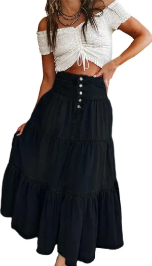 Ru Sweet Women's High Waist Long Denim Skirt Button-Fly Tiered Ruffle Swing A-Line Jean Maxi Skirt with Pockets