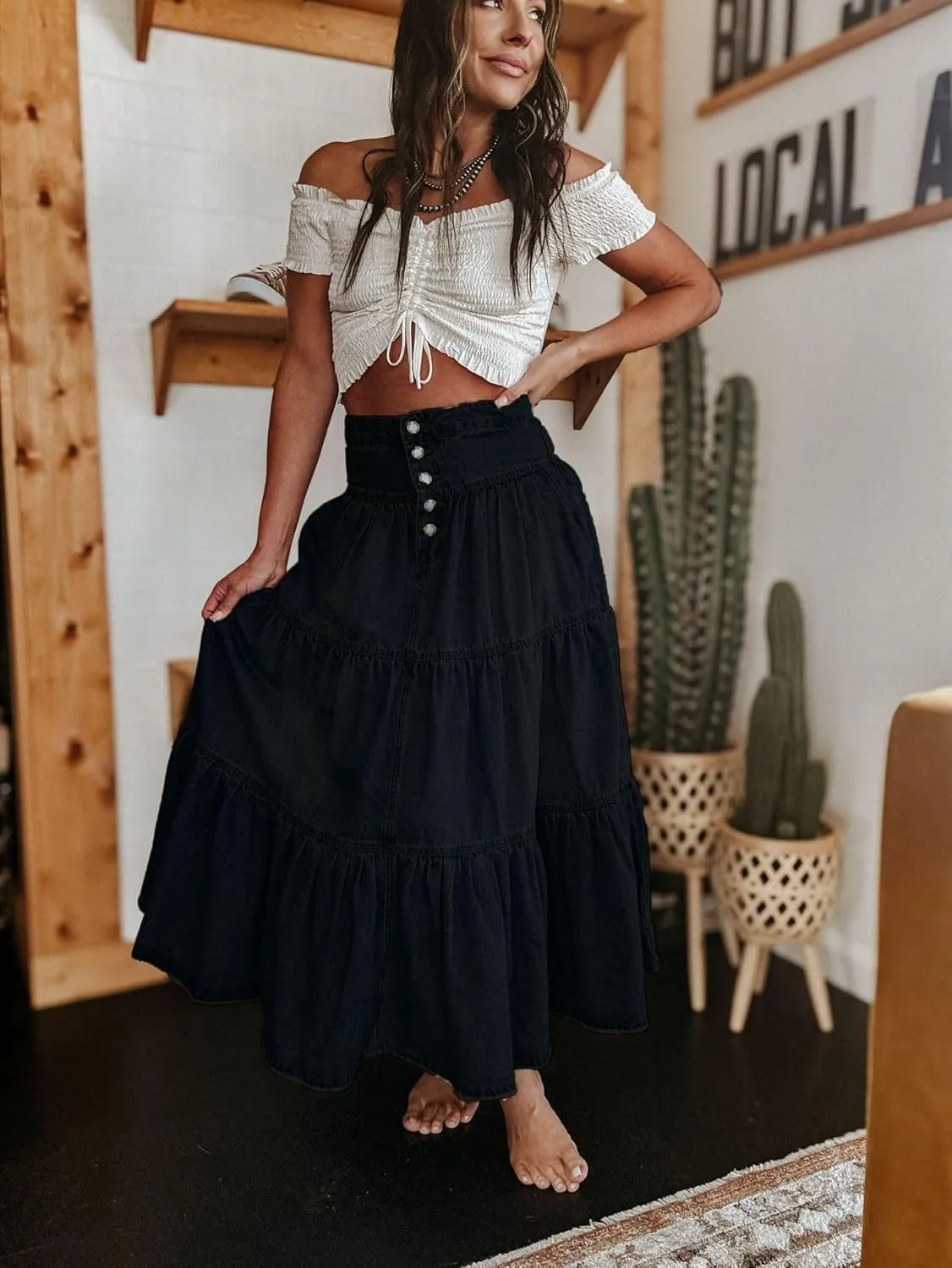 Ru Sweet Women's High Waist Long Denim Skirt Button-Fly Tiered Ruffle Swing A-Line Jean Maxi Skirt with Pockets
