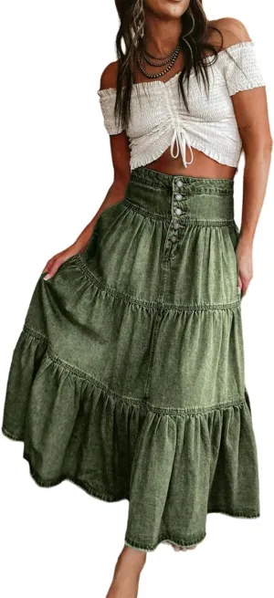 Ru Sweet Women's High Waist Long Denim Skirt Button-Fly Tiered Ruffle Swing A-Line Jean Maxi Skirt with Pockets