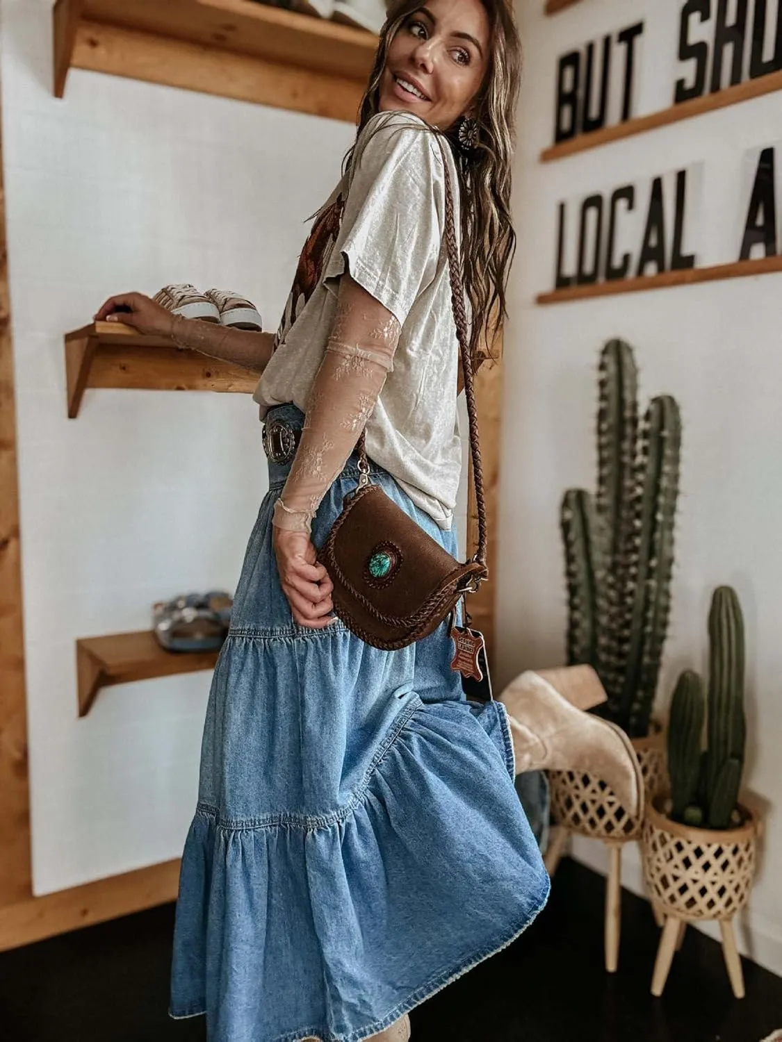 Ru Sweet Women's High Waist Long Denim Skirt Button-Fly Tiered Ruffle Swing A-Line Jean Maxi Skirt with Pockets