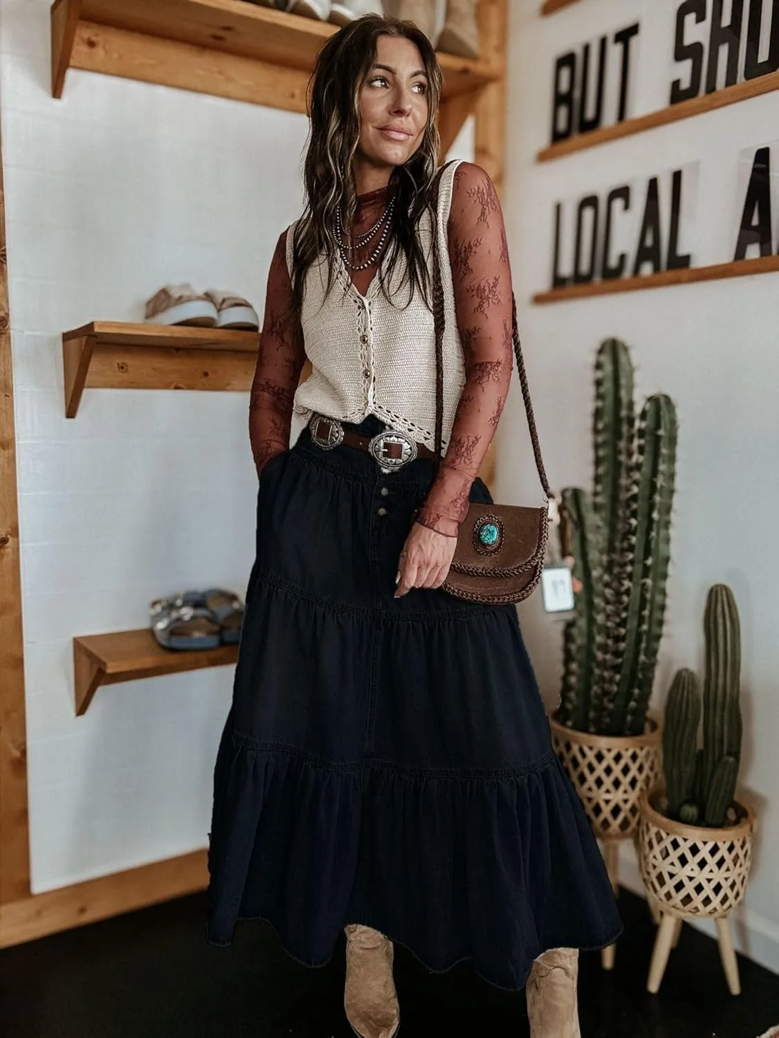 Ru Sweet Women's High Waist Long Denim Skirt Button-Fly Tiered Ruffle Swing A-Line Jean Maxi Skirt with Pockets