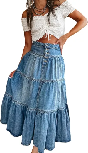 Ru Sweet Women's High Waist Long Denim Skirt Button-Fly Tiered Ruffle Swing A-Line Jean Maxi Skirt with Pockets