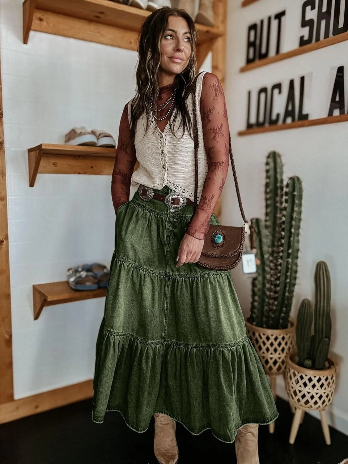Ru Sweet Women's High Waist Long Denim Skirt Button-Fly Tiered Ruffle Swing A-Line Jean Maxi Skirt with Pockets