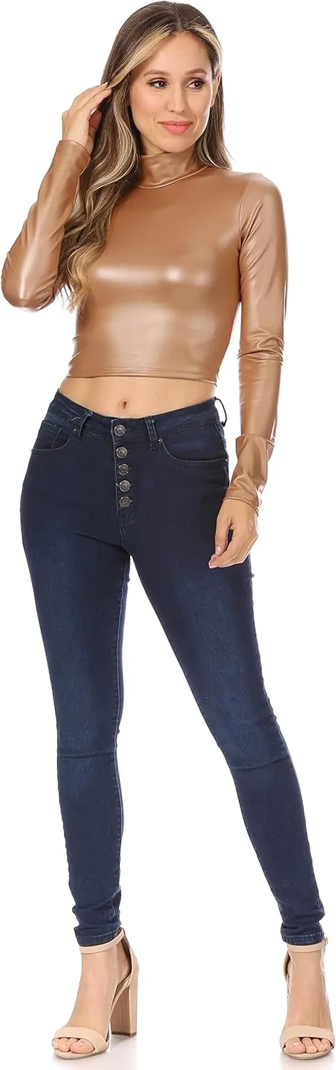 Sakkas Matte Liquid Mock Neck Turtleneck Long Sleeve Crop Top - Made in USA