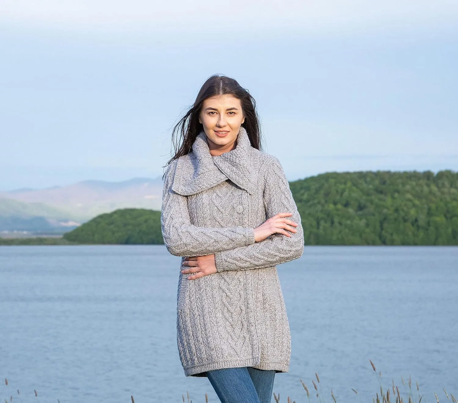 SAOL Womens Coatigan  100% Merino Wool Cable Knit Irish Cardigan with Pockets  Classic Warm Long Sweater Coat