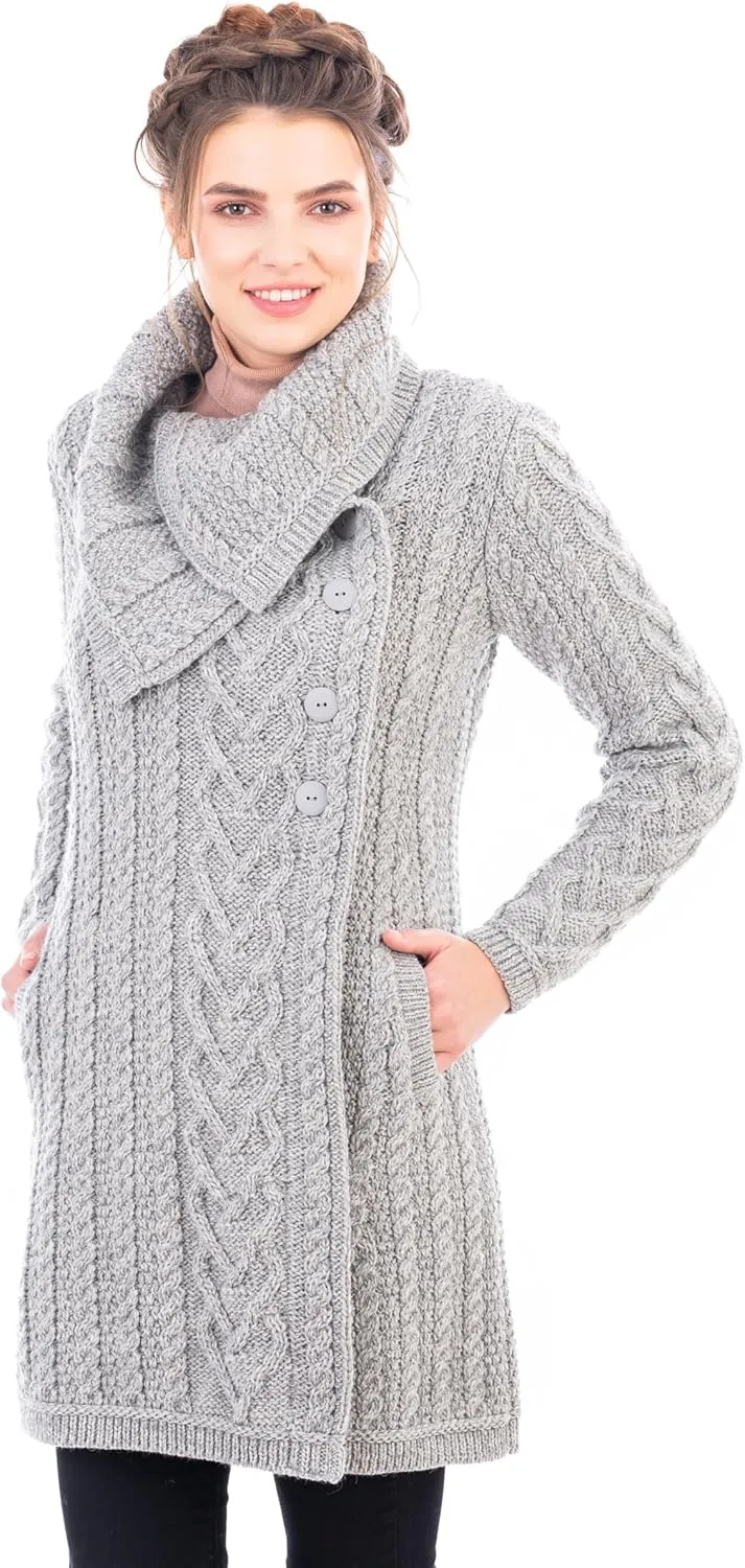 SAOL Womens Coatigan  100% Merino Wool Cable Knit Irish Cardigan with Pockets  Classic Warm Long Sweater Coat