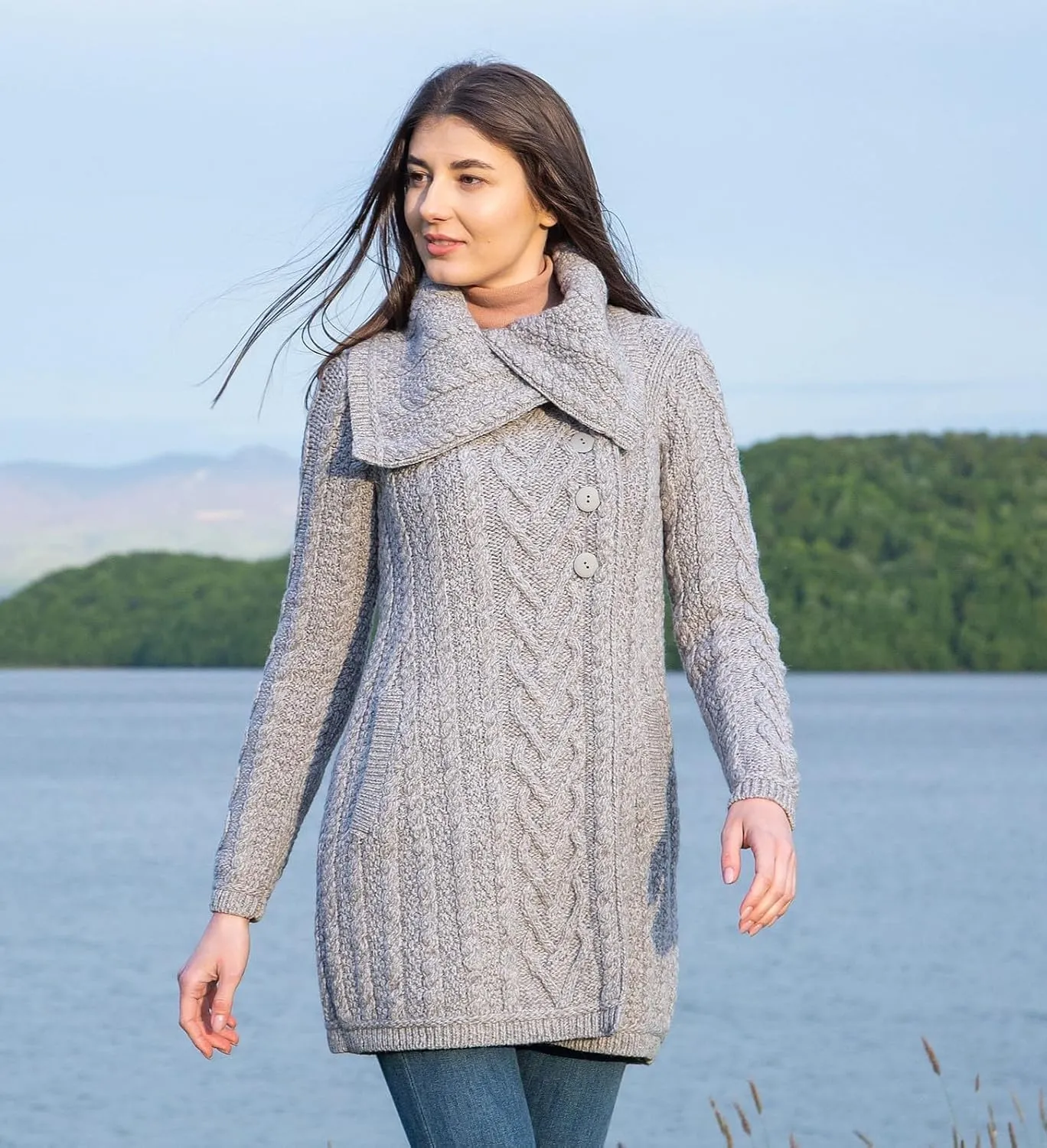 SAOL Womens Coatigan  100% Merino Wool Cable Knit Irish Cardigan with Pockets  Classic Warm Long Sweater Coat