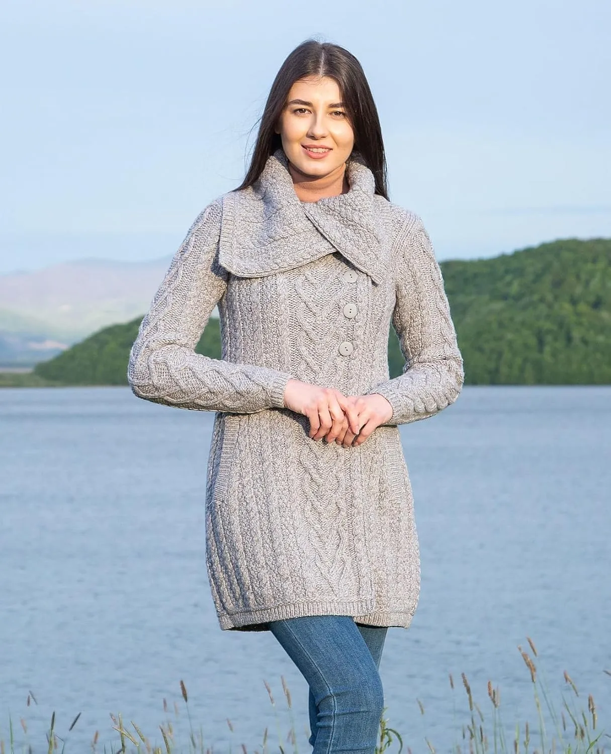 SAOL Womens Coatigan  100% Merino Wool Cable Knit Irish Cardigan with Pockets  Classic Warm Long Sweater Coat