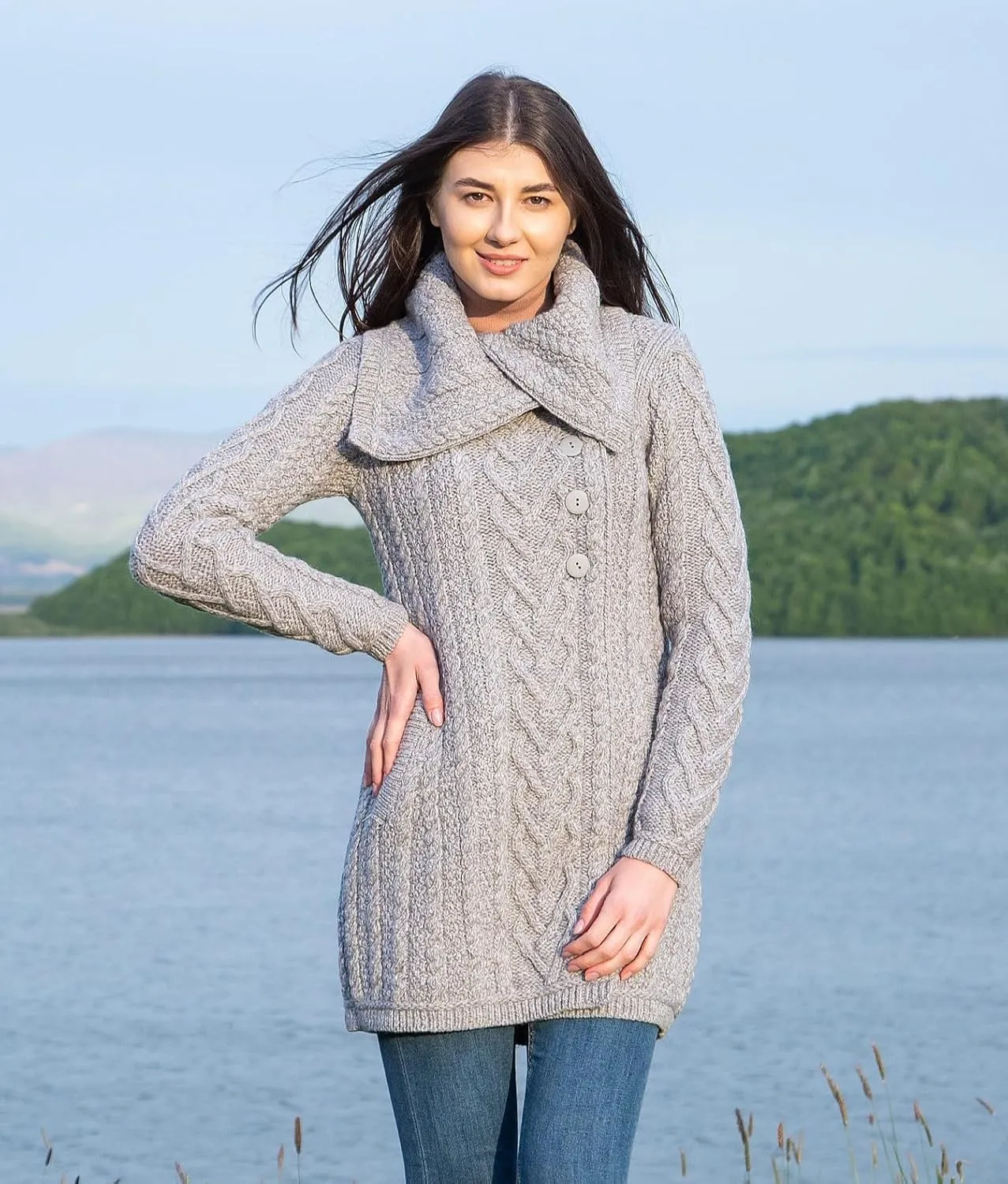 SAOL Womens Coatigan  100% Merino Wool Cable Knit Irish Cardigan with Pockets  Classic Warm Long Sweater Coat