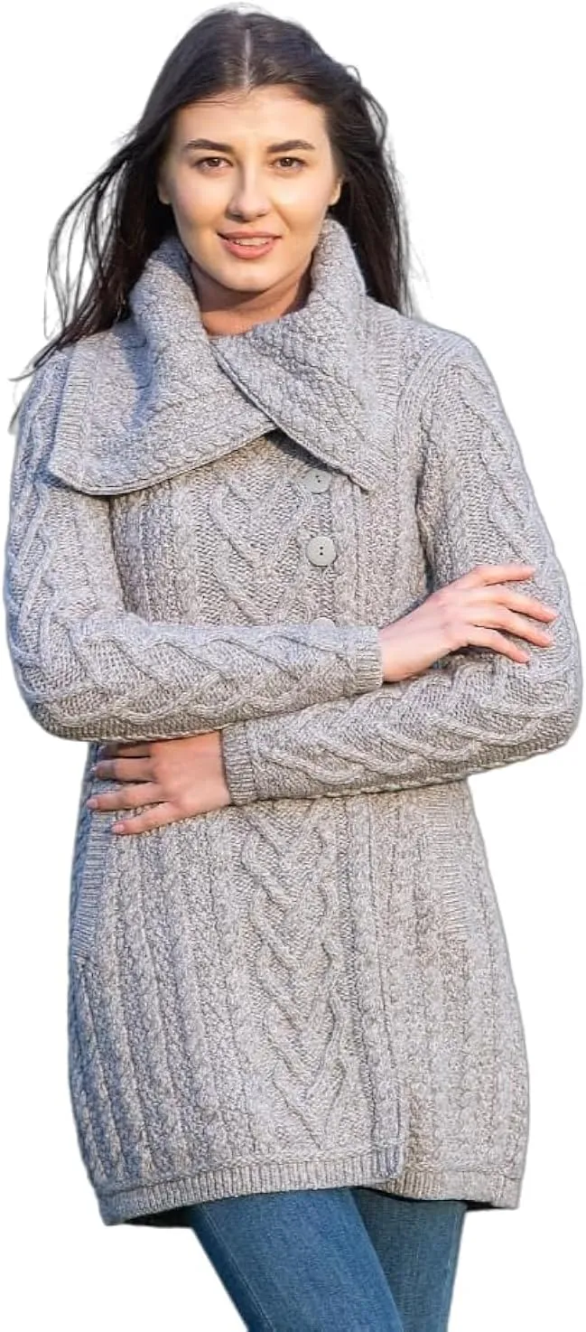 SAOL Womens Coatigan  100% Merino Wool Cable Knit Irish Cardigan with Pockets  Classic Warm Long Sweater Coat