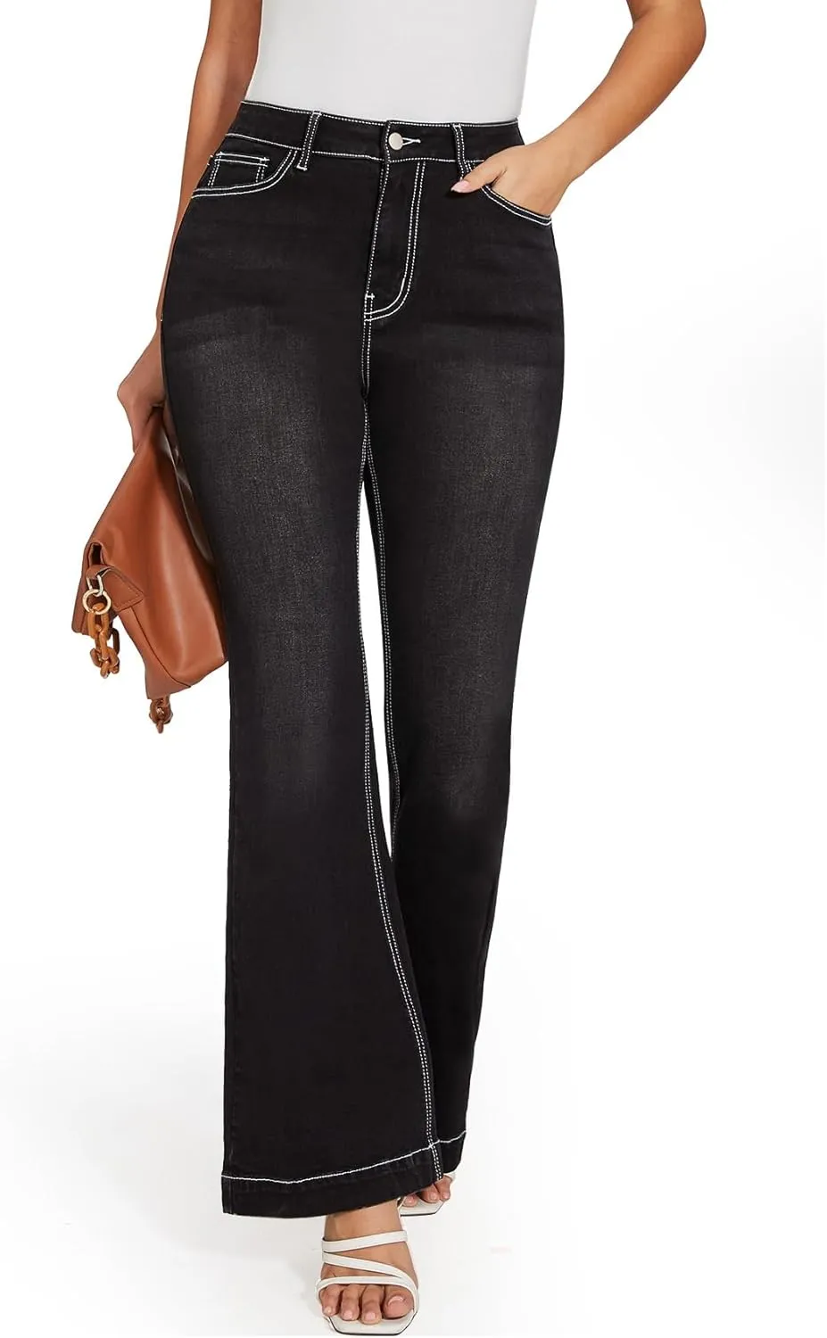 SEASUM Butt Lifting Bootcut Jeans Tummy Control Trendy Flare Leg Jeans for Women Casual Flap Pockets Denim Pants