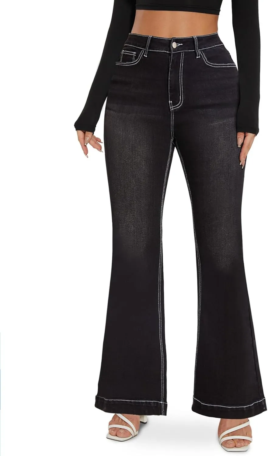 SEASUM Butt Lifting Bootcut Jeans Tummy Control Trendy Flare Leg Jeans for Women Casual Flap Pockets Denim Pants