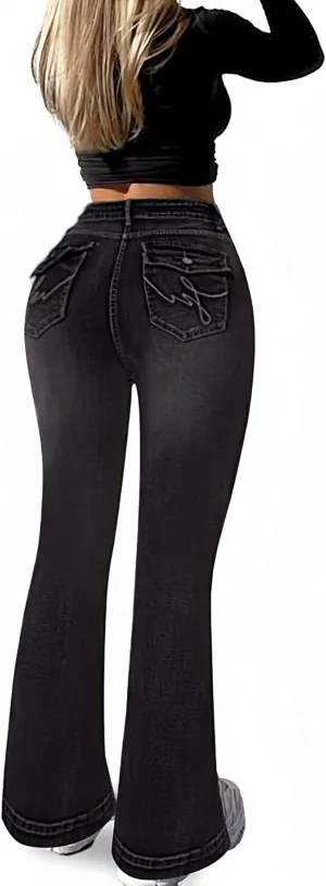 SEASUM Butt Lifting Bootcut Jeans Tummy Control Trendy Flare Leg Jeans for Women Casual Flap Pockets Denim Pants