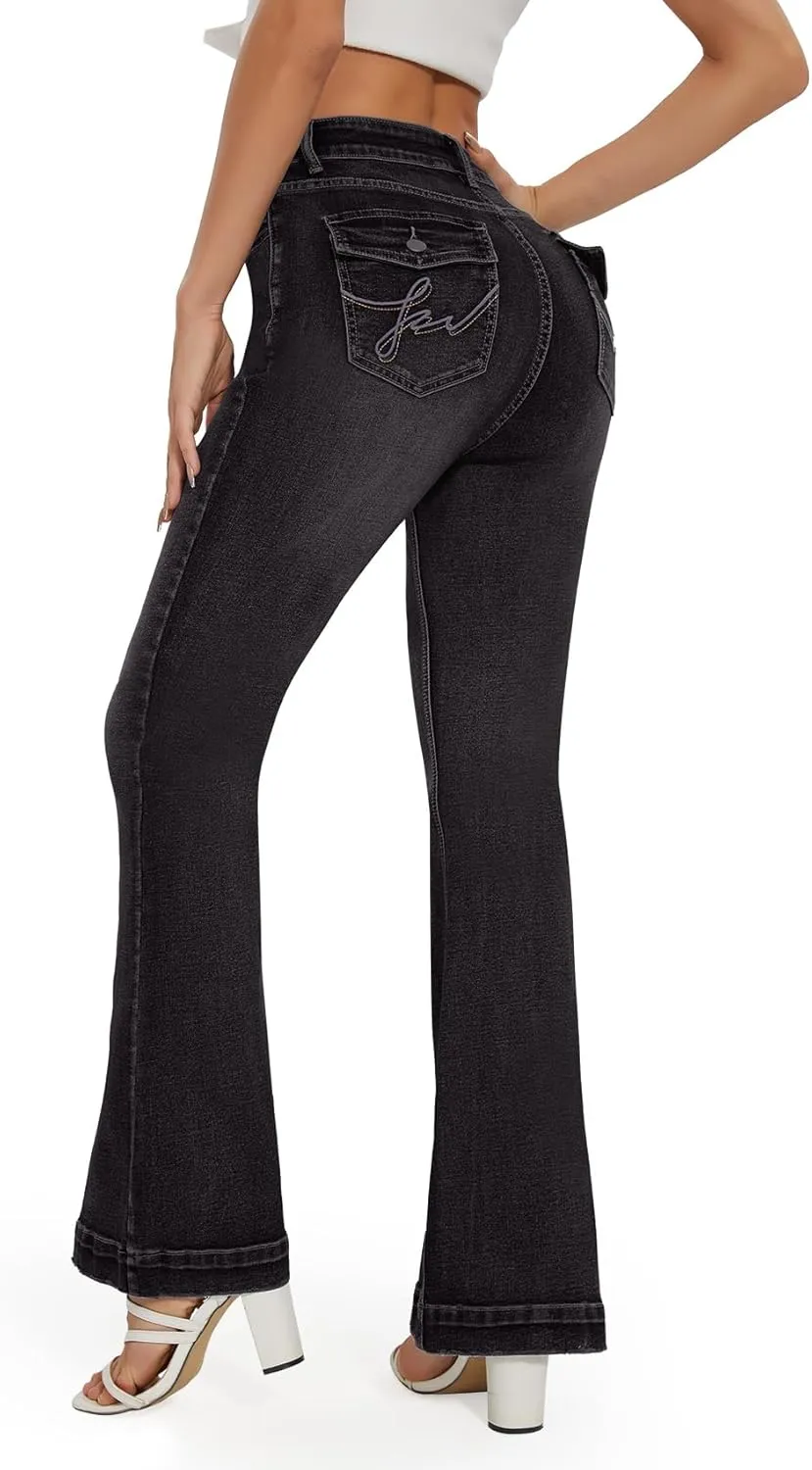 SEASUM Butt Lifting Bootcut Jeans Tummy Control Trendy Flare Leg Jeans for Women Casual Flap Pockets Denim Pants