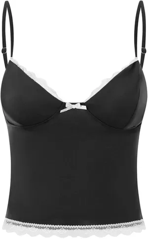 SHENHE Women's Y2k Lace Bow Top Spaghetti Strap 70s Vintage Cute Crop Tops Camisole