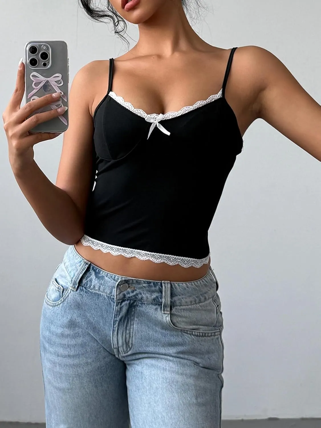 SHENHE Women's Y2k Lace Bow Top Spaghetti Strap 70s Vintage Cute Crop Tops Camisole