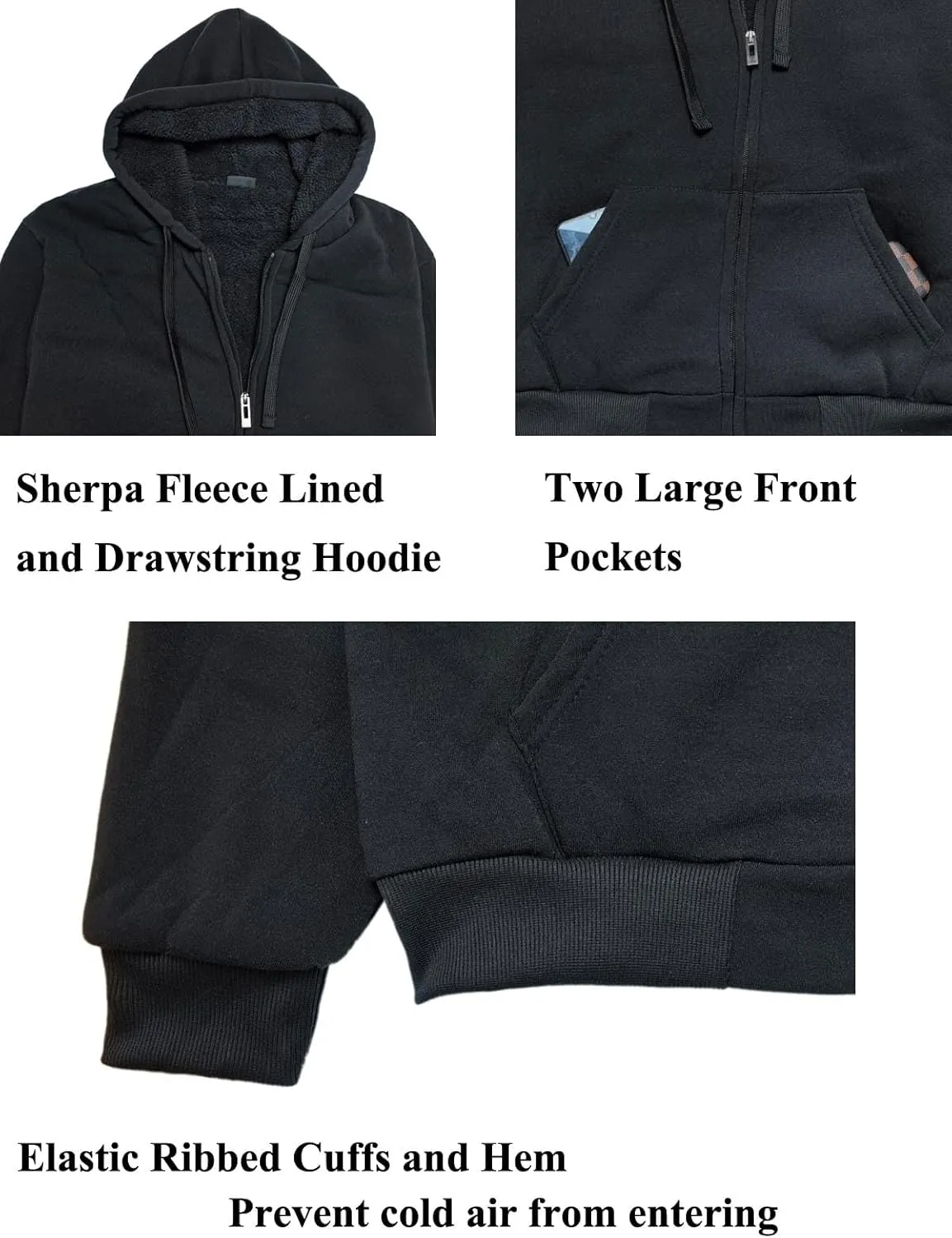 Sherpa Lined Hoodies for Men Heavyweight Full Zip Up Sweatshirt Thick Fleece Jackets Winter Warm Coats