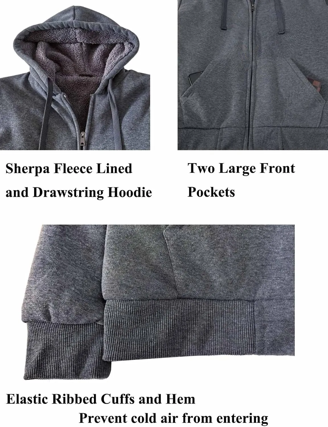 Sherpa Lined Hoodies for Men Heavyweight Full Zip Up Sweatshirt Thick Fleece Jackets Winter Warm Coats