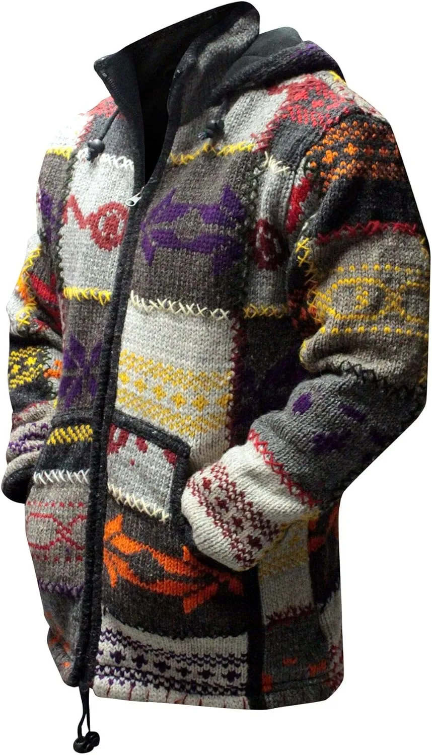 Shopoholic Fashion Patchwork Designed High Neck Hippie Boho mens winter jacket, Multicolor