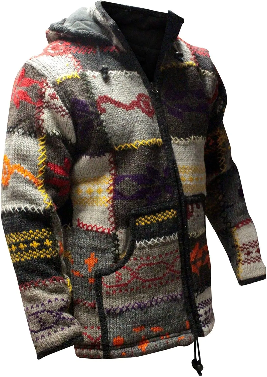 Shopoholic Fashion Patchwork Designed High Neck Hippie Boho mens winter jacket, Multicolor
