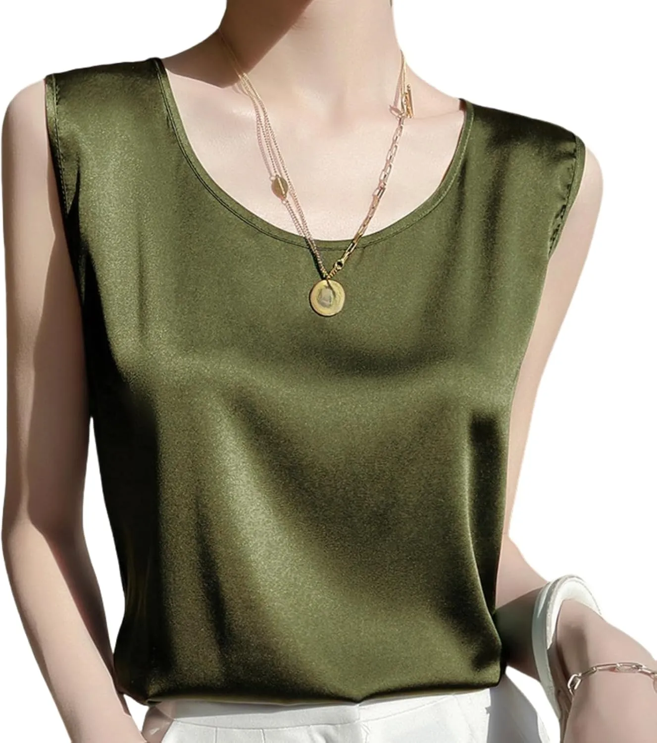 Silk Camisole Top Women's Crew Neck Sleeveless Blouse,Loose Fit Casual Beach Vacation Outfits, S-3XL