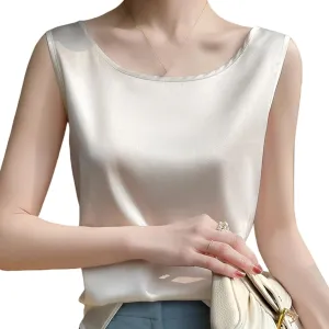 Silk Camisole Top Women's Crew Neck Sleeveless Blouse,Loose Fit Casual Beach Vacation Outfits, S-3XL