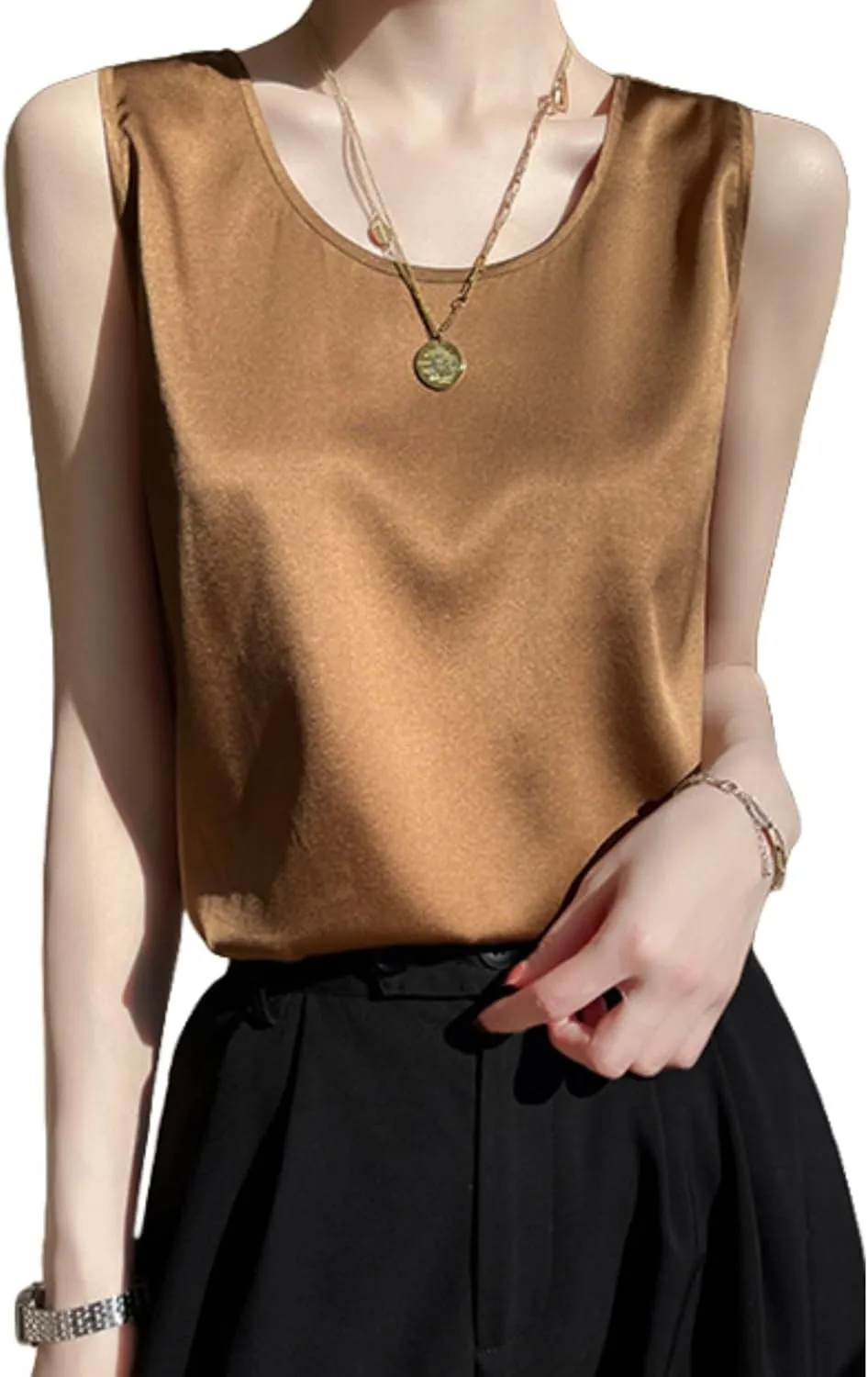 Silk Camisole Top Women's Crew Neck Sleeveless Blouse,Loose Fit Casual Beach Vacation Outfits, S-3XL