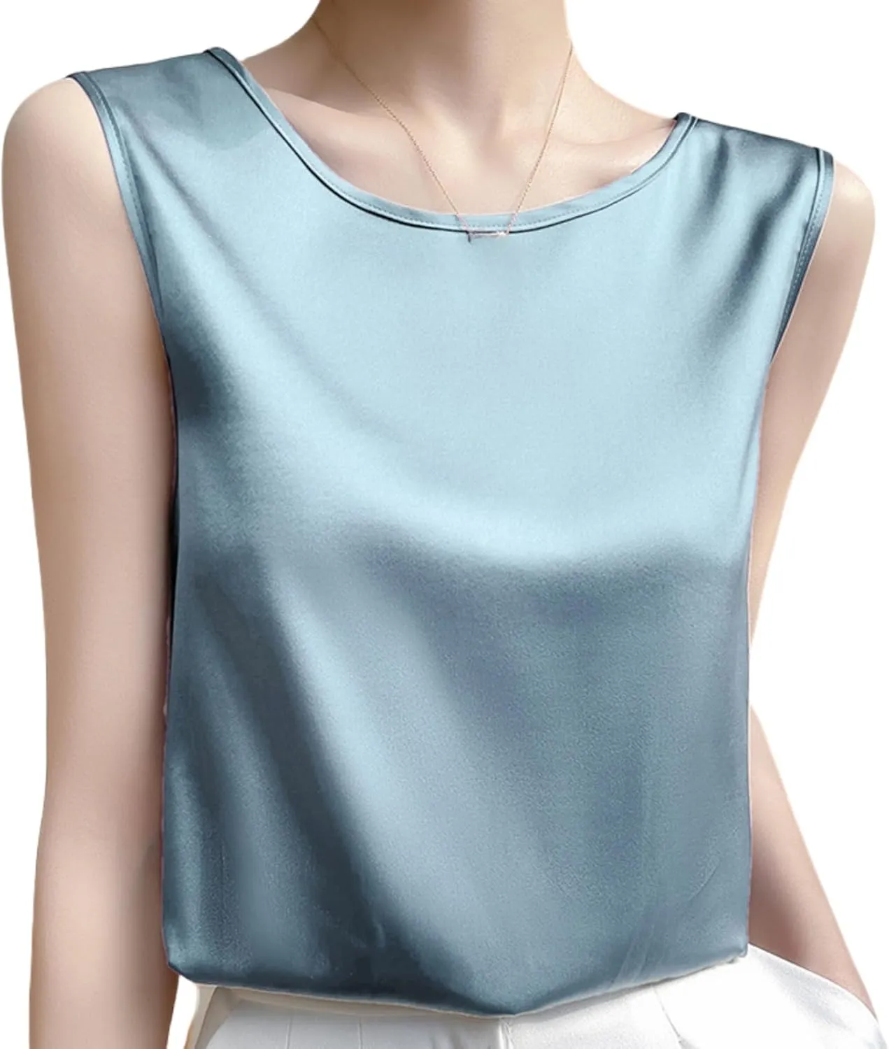 Silk Camisole Top Women's Crew Neck Sleeveless Blouse,Loose Fit Casual Beach Vacation Outfits, S-3XL