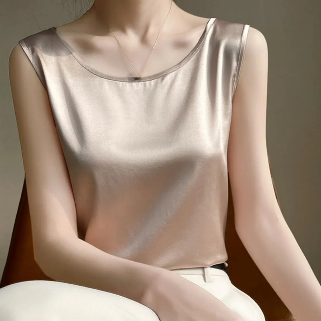 Silk Camisole Top Women's Crew Neck Sleeveless Blouse,Loose Fit Casual Beach Vacation Outfits, S-3XL