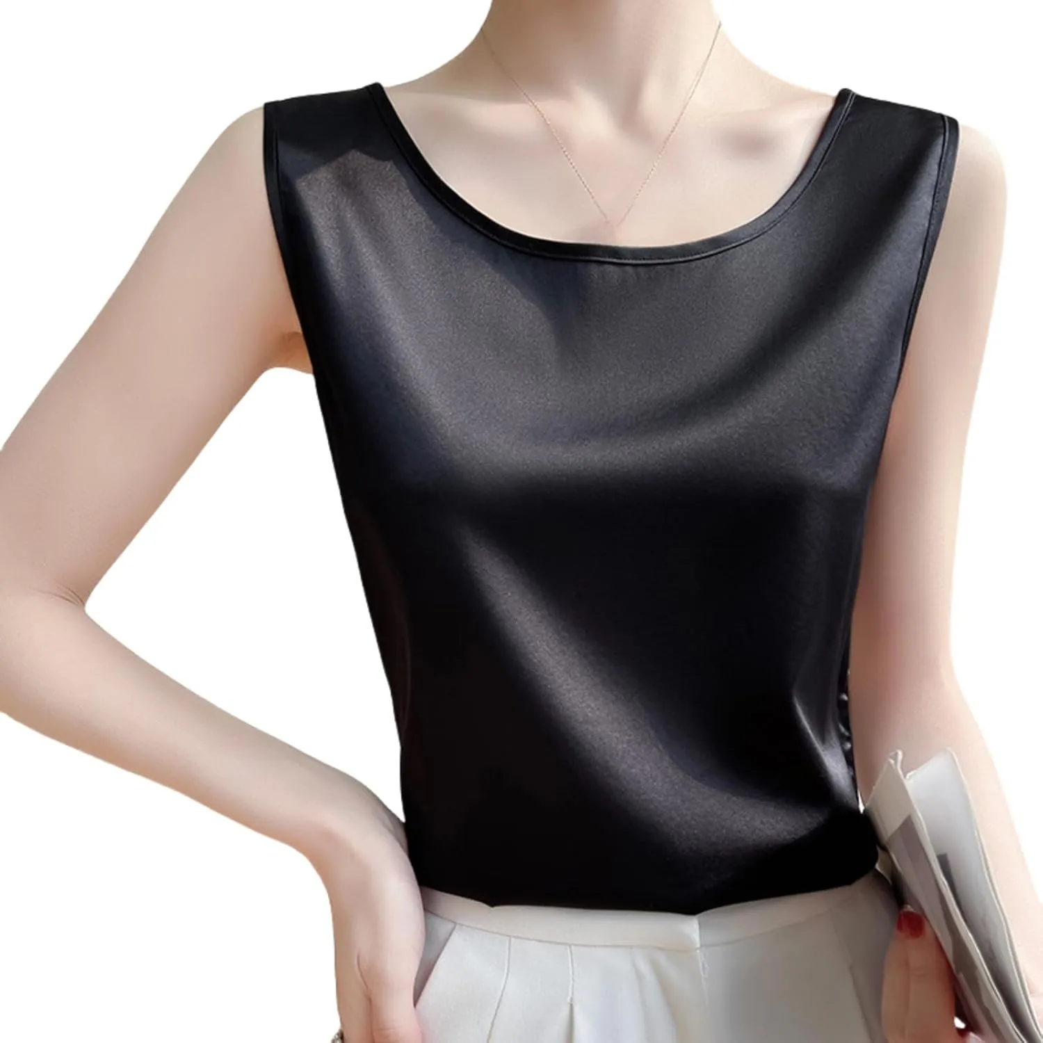 Silk Camisole Top Women's Crew Neck Sleeveless Blouse,Loose Fit Casual Beach Vacation Outfits, S-3XL