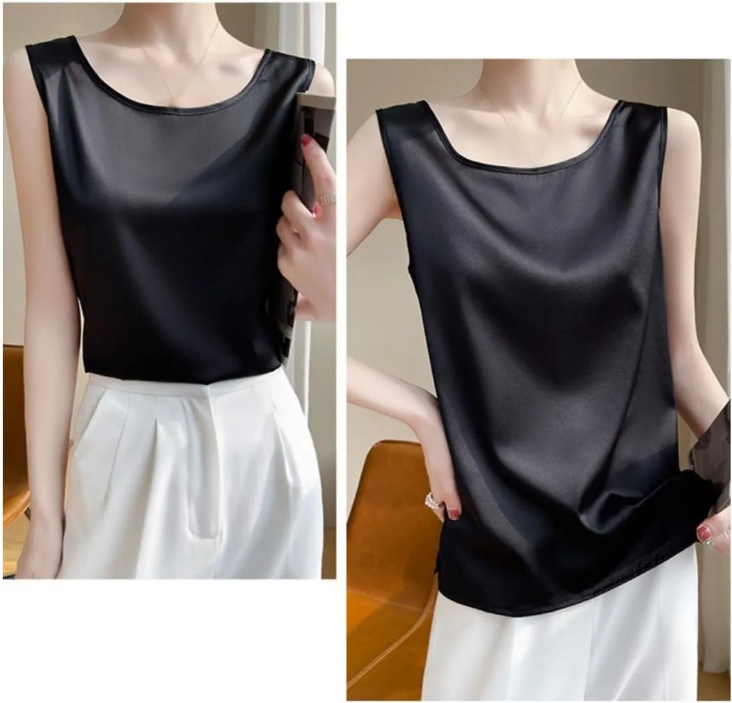 Silk Camisole Top Women's Crew Neck Sleeveless Blouse,Loose Fit Casual Beach Vacation Outfits, S-3XL