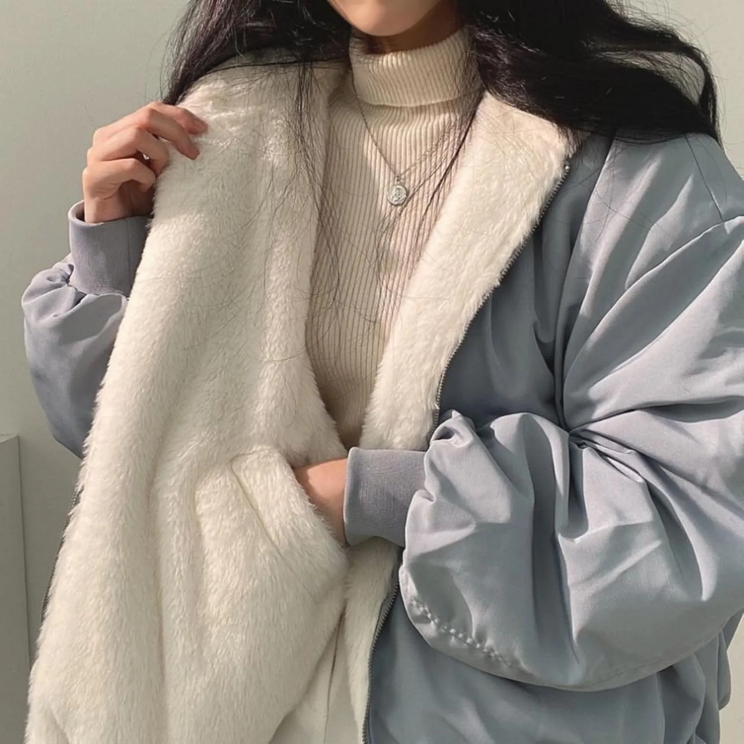 Smoneyful Womens Fleece Jackets Plus Size Hooded Reversible Sherpa Jacket Thicken Warm Winter Coat Baggy Cotton-Padded Jacket