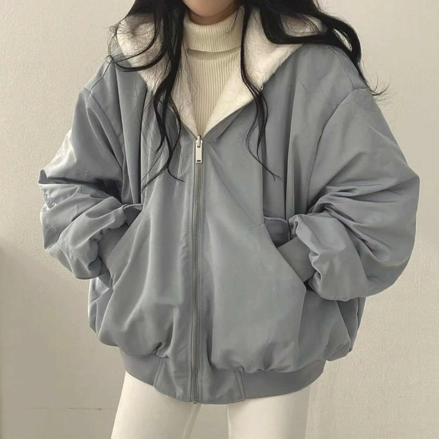 Smoneyful Womens Fleece Jackets Plus Size Hooded Reversible Sherpa Jacket Thicken Warm Winter Coat Baggy Cotton-Padded Jacket