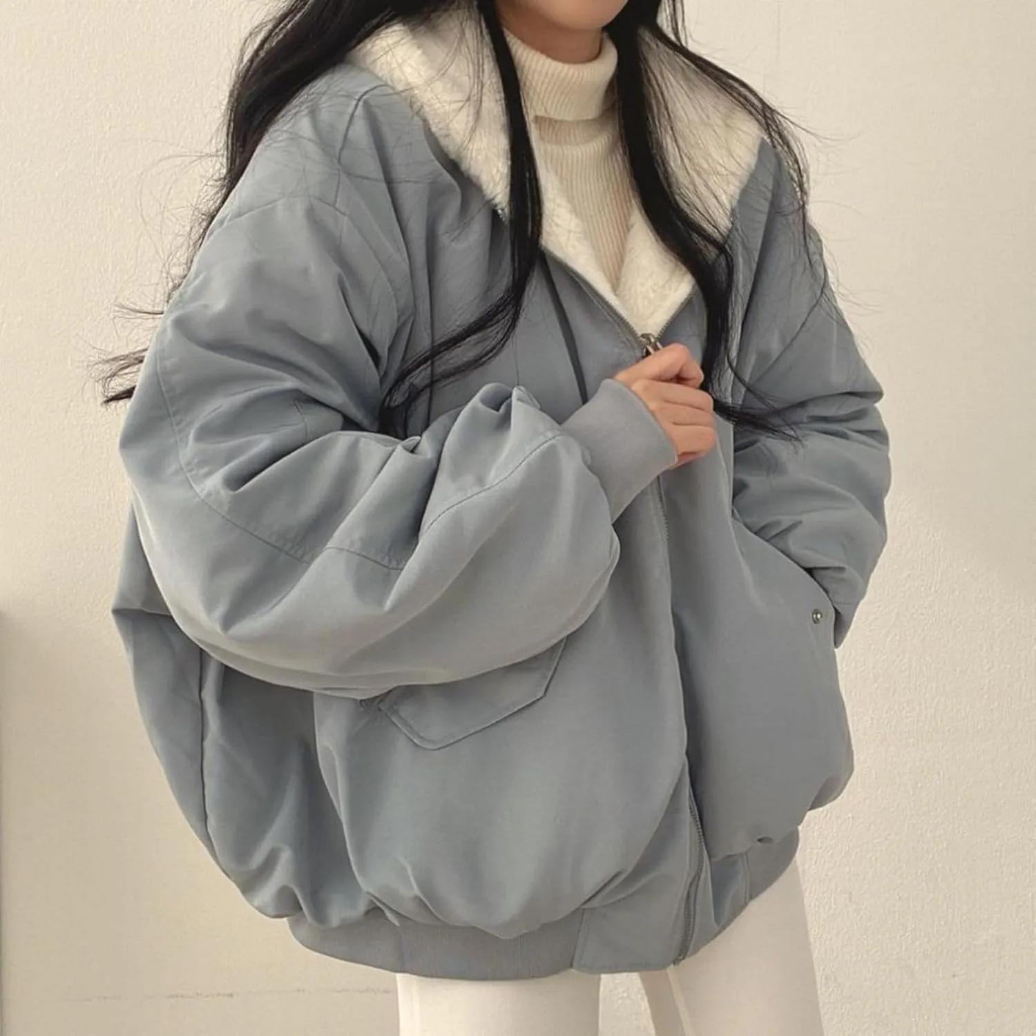 Smoneyful Womens Fleece Jackets Plus Size Hooded Reversible Sherpa Jacket Thicken Warm Winter Coat Baggy Cotton-Padded Jacket