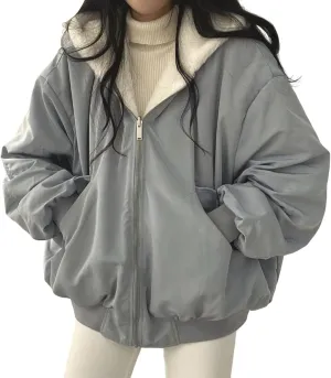 Smoneyful Womens Fleece Jackets Plus Size Hooded Reversible Sherpa Jacket Thicken Warm Winter Coat Baggy Cotton-Padded Jacket