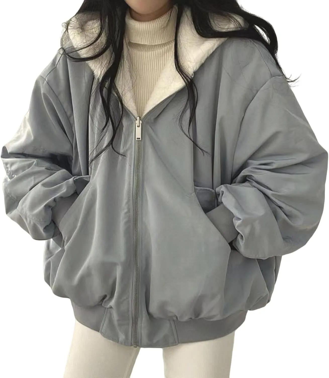 Smoneyful Womens Fleece Jackets Plus Size Hooded Reversible Sherpa Jacket Thicken Warm Winter Coat Baggy Cotton-Padded Jacket