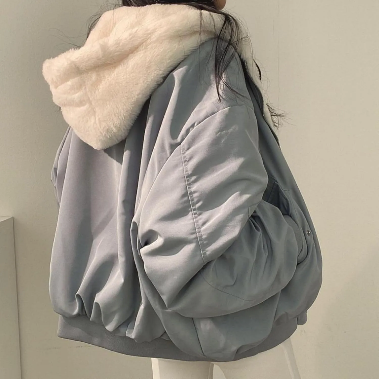 Smoneyful Womens Fleece Jackets Plus Size Hooded Reversible Sherpa Jacket Thicken Warm Winter Coat Baggy Cotton-Padded Jacket