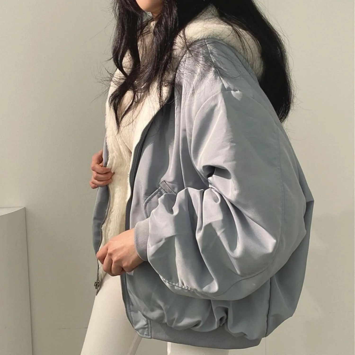 Smoneyful Womens Fleece Jackets Plus Size Hooded Reversible Sherpa Jacket Thicken Warm Winter Coat Baggy Cotton-Padded Jacket