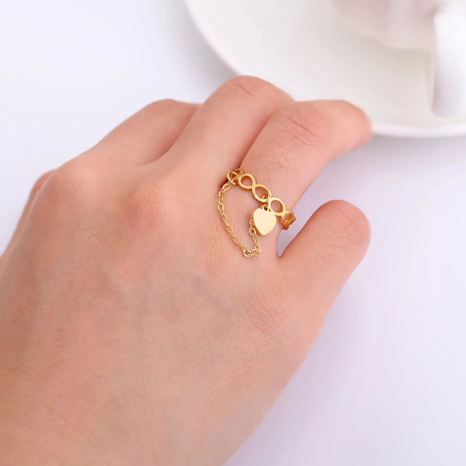 Stainless Steel Infinity & Geometric Couple Rings with Round Pendant - Engagement Jewelry Gift