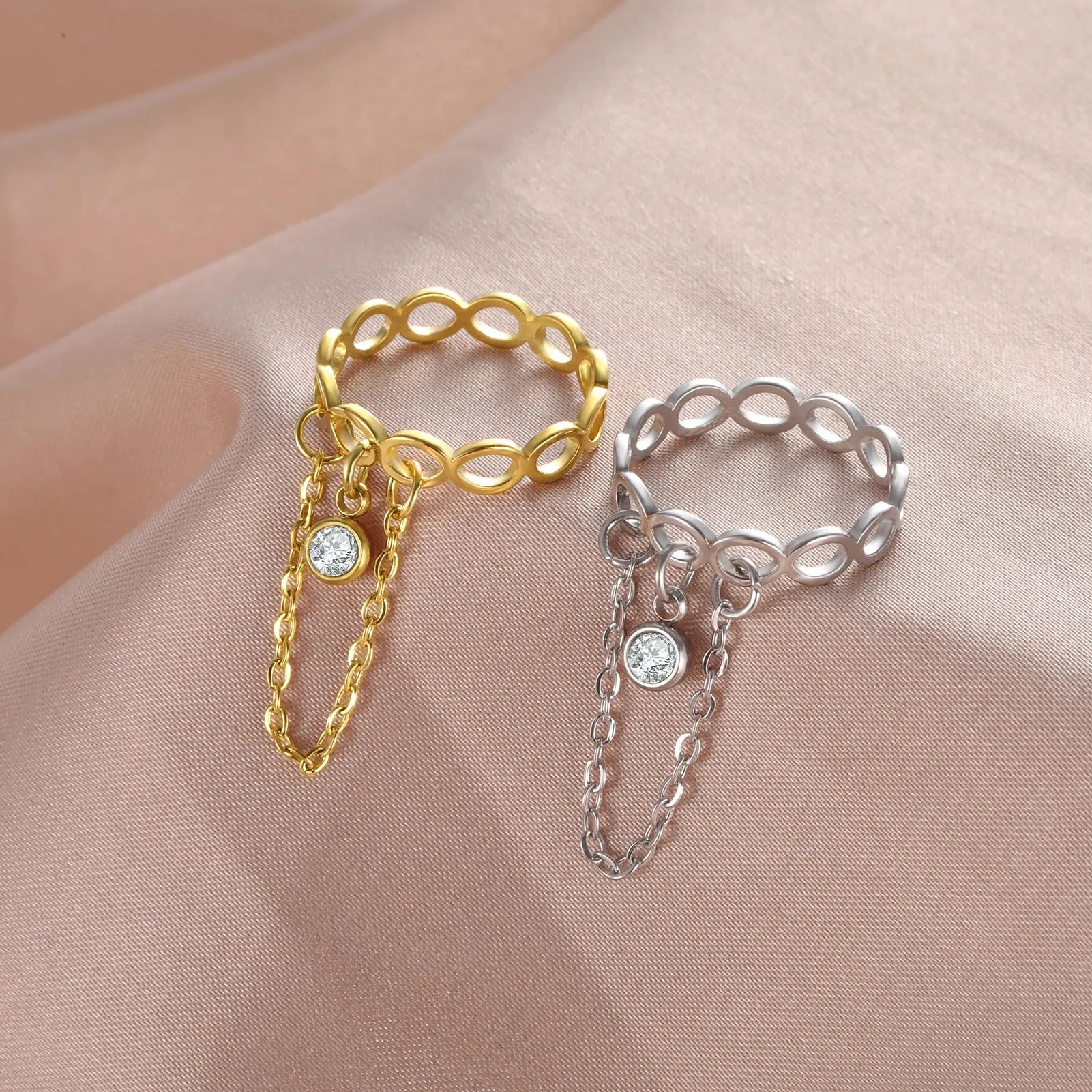 Stainless Steel Infinity & Geometric Couple Rings with Round Pendant - Engagement Jewelry Gift