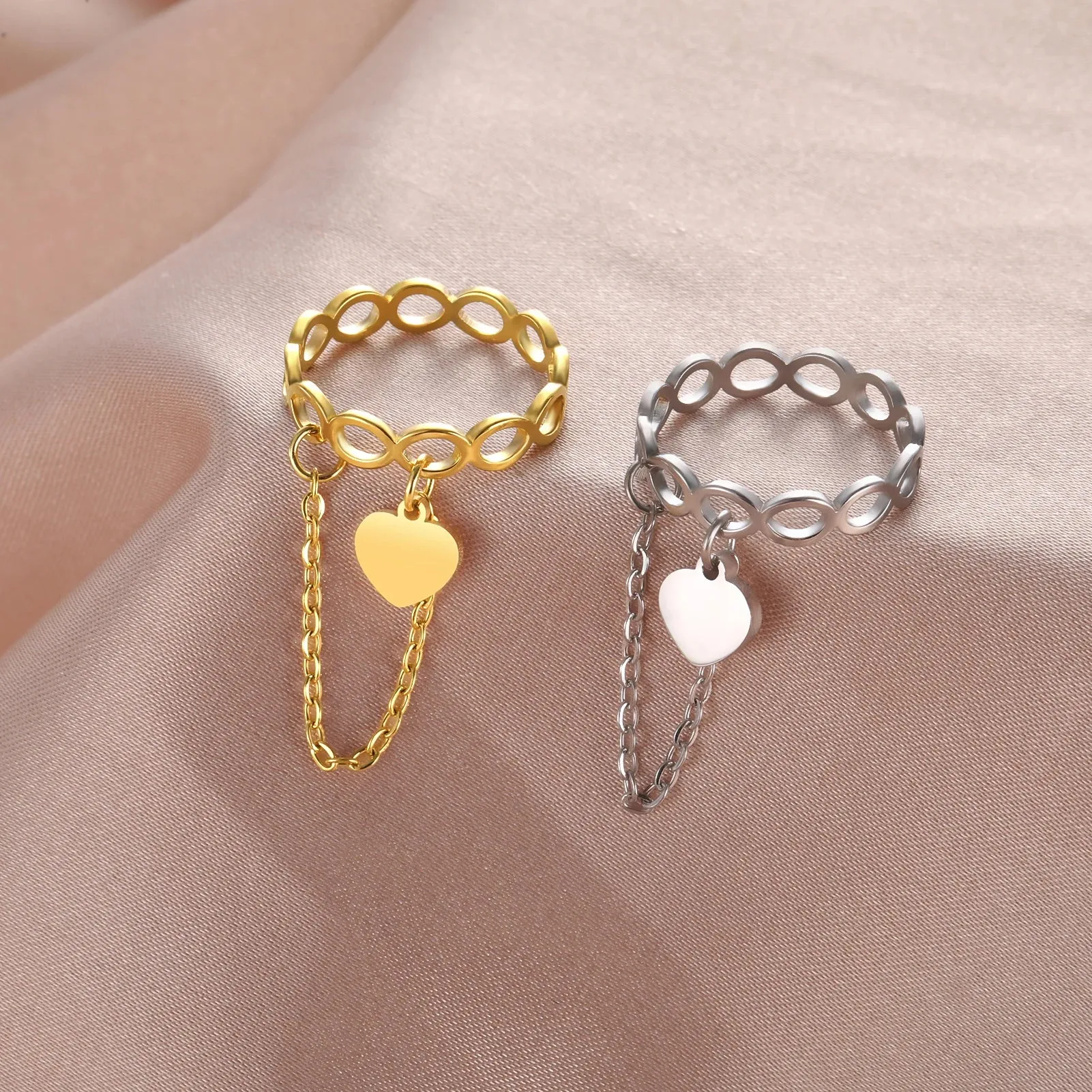 Stainless Steel Infinity & Geometric Couple Rings with Round Pendant - Engagement Jewelry Gift